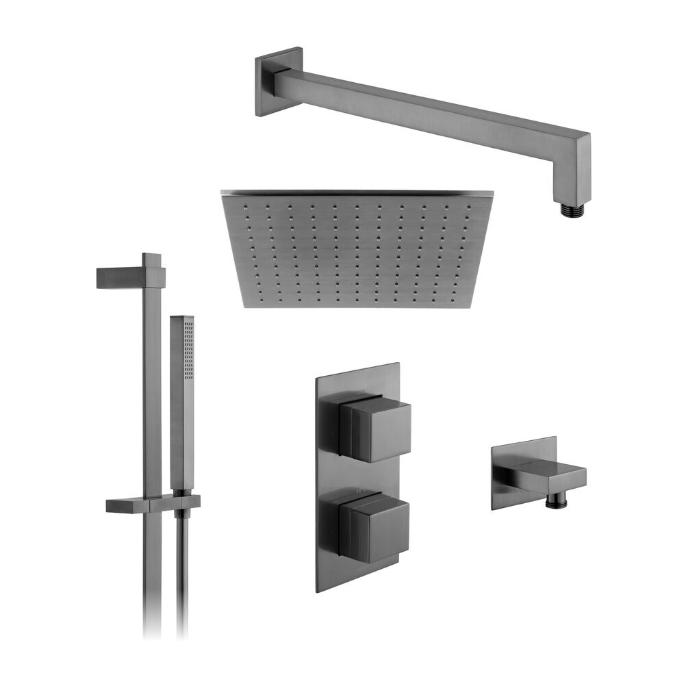 Cutout image of Vado Individual Brushed Gunmetal Square Dual Outlet Slide Rail Shower Pack